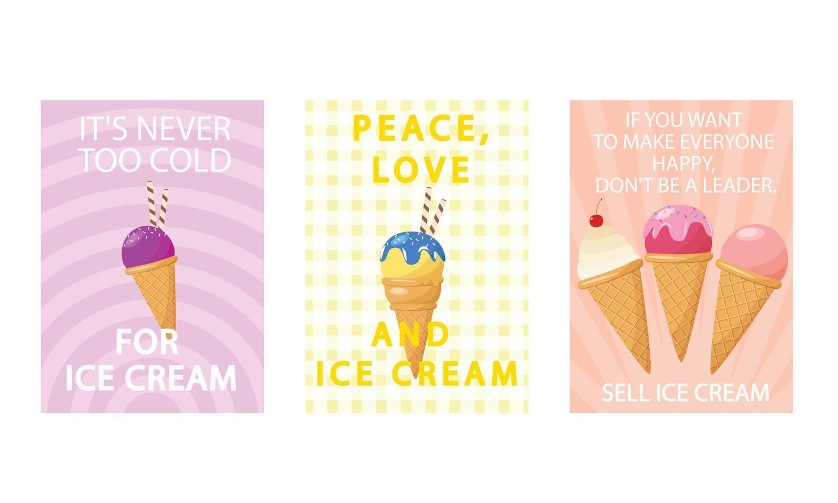 Set of sweet ice cream shops flyers,banners on vintage background.Collection of pages for kids menu,cafe,posters. cards, cafeteria advertisement.Template vector illustration.