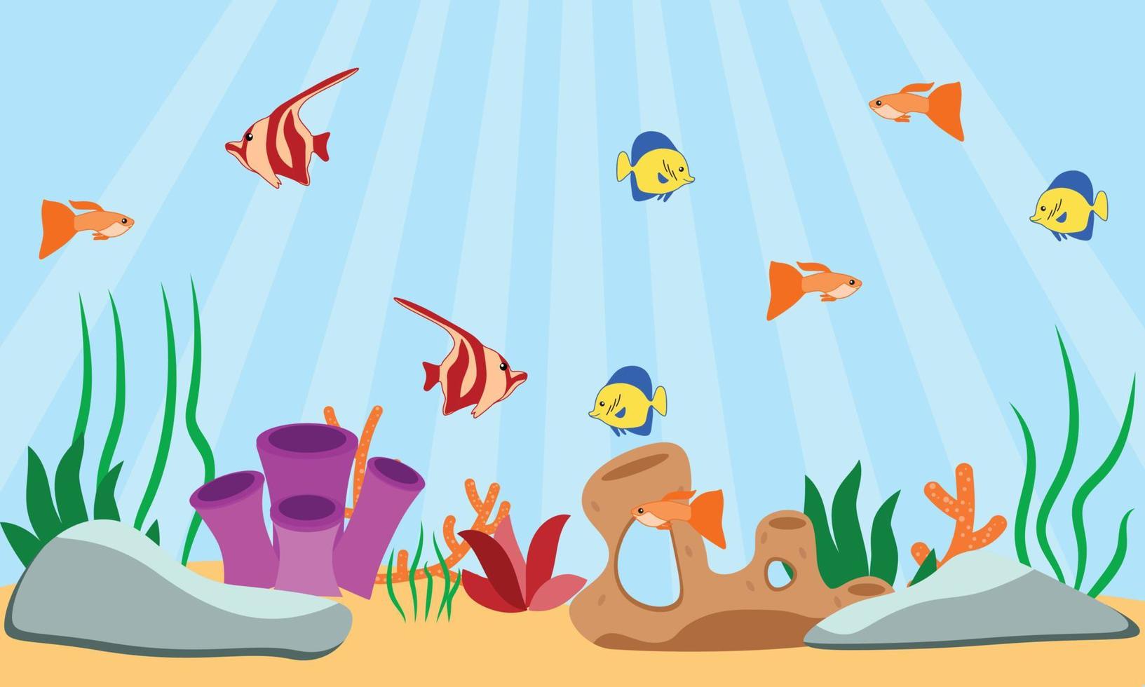 Seascape of life - ocean and underwater world with different inhabitants. For print, create video or web graphic design, user interface, card, poster. vector