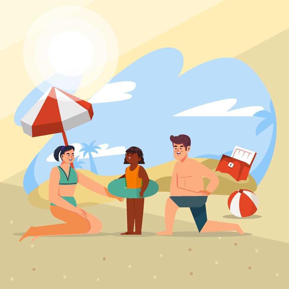 Parents and Adopted Daughter Play on A Beach vector