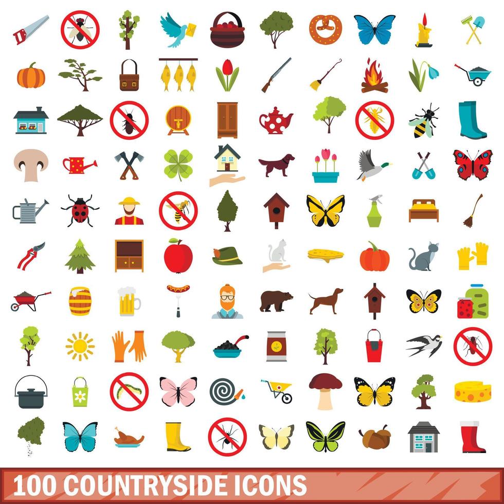 100 iconos de campo, estilo plano vector