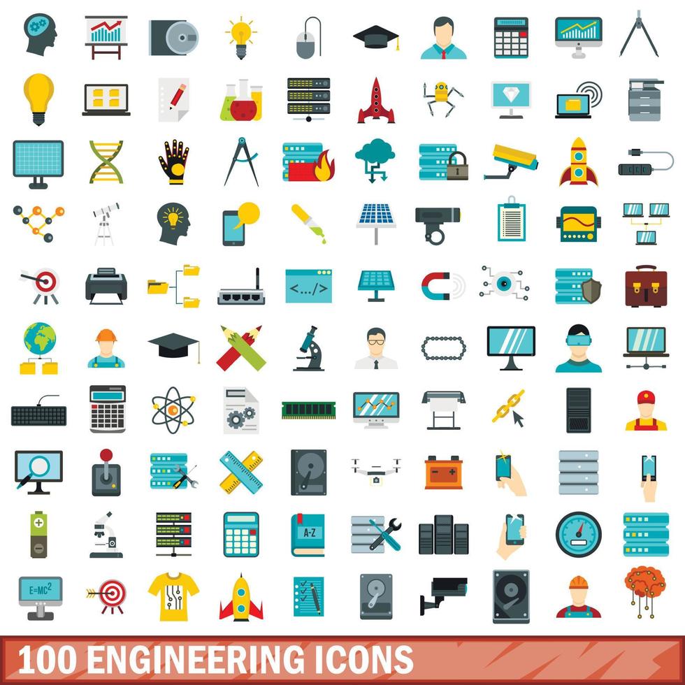 100 engineering icons set, flat style vector