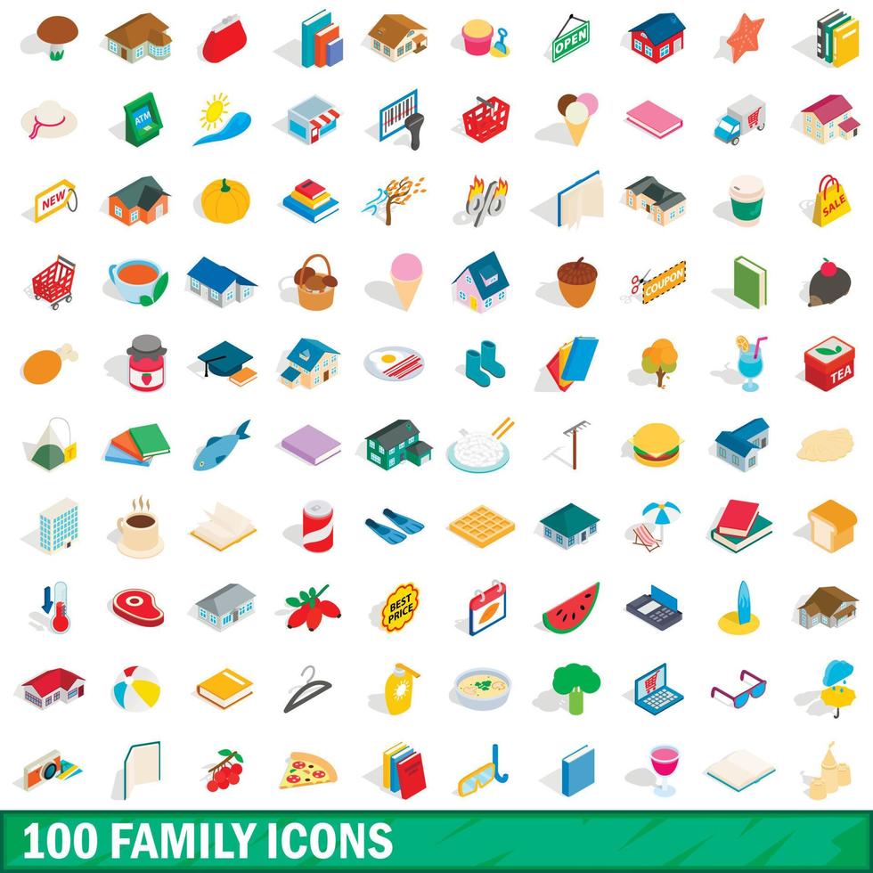 100 family icons set, isometric 3d style vector