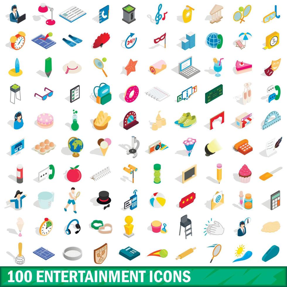 100 entertainment icons set, isometric 3d style vector