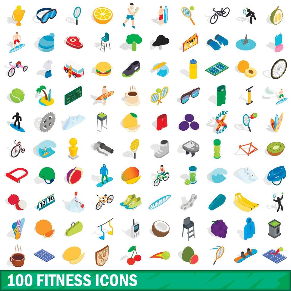 100 iconos de fitness, estilo isométrico 3d vector
