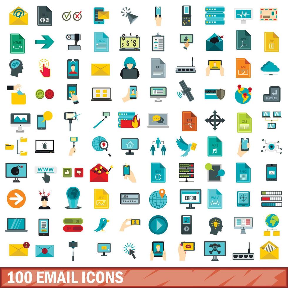 100 iconos de correo electrónico, estilo plano vector