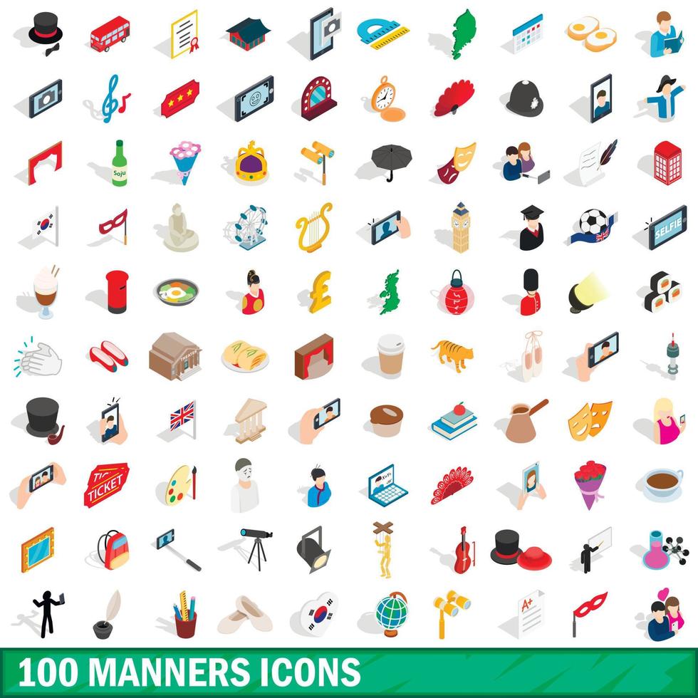 100 manners icons set, isometric 3d style vector