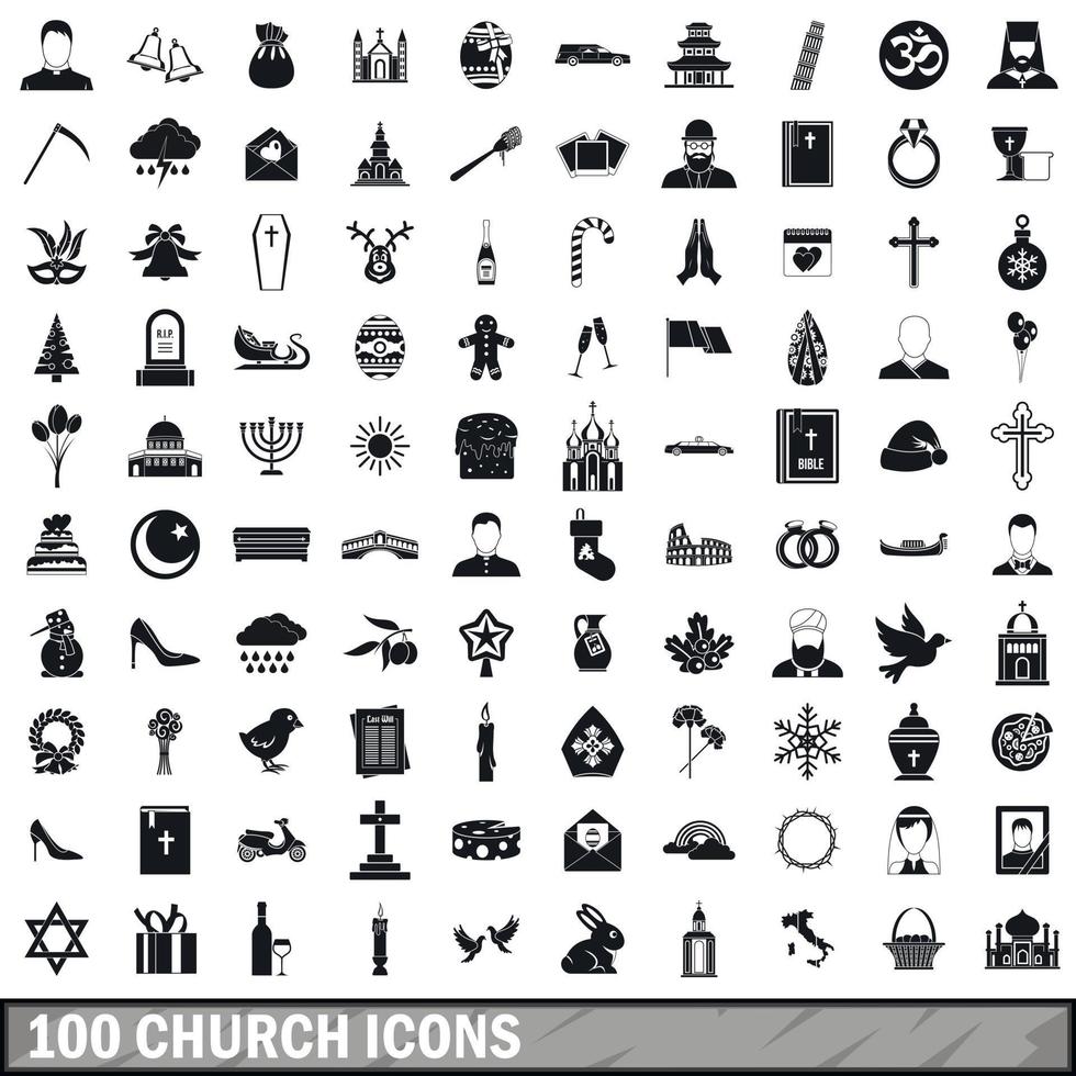 100 church icons set, simple style vector