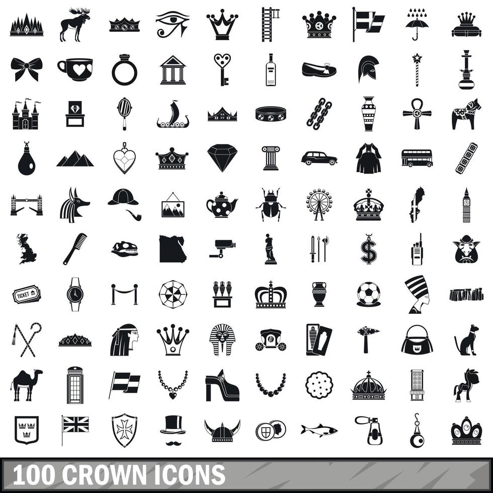 100 crown icons set, simple style vector