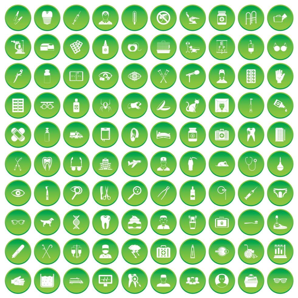 100 iconos de cuidado establecer círculo verde vector