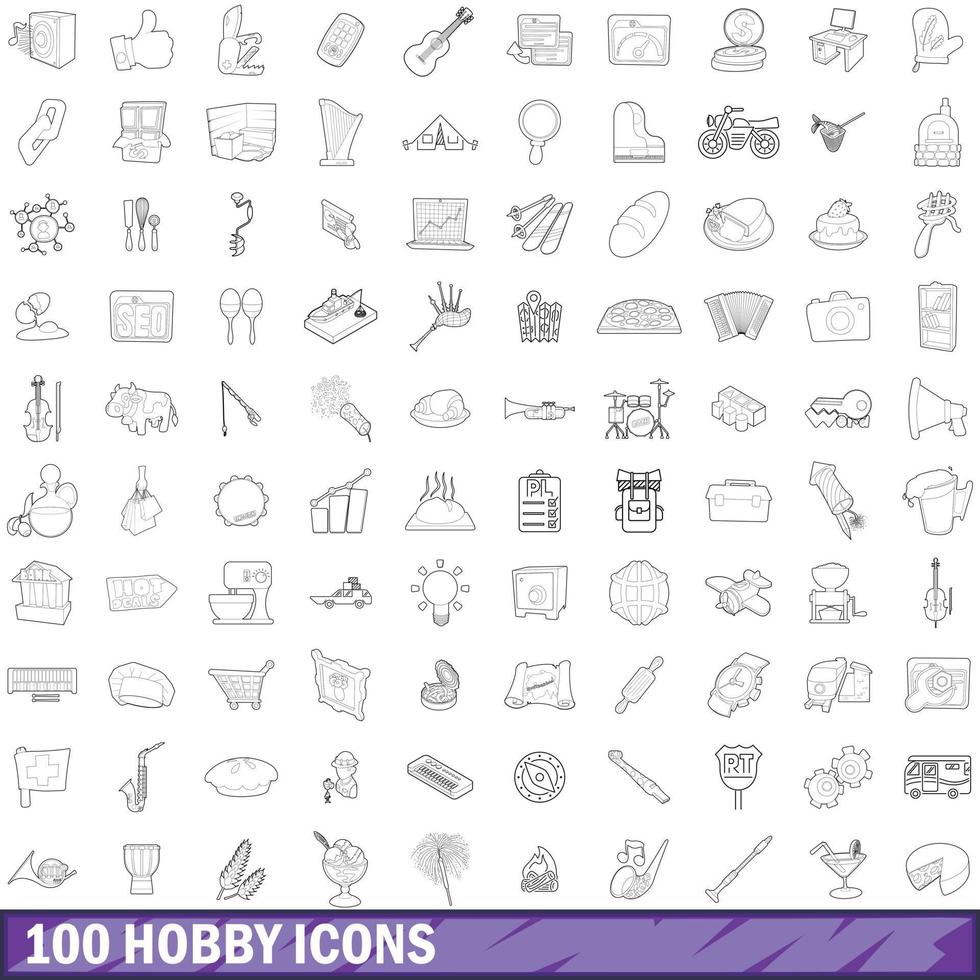 100 iconos de hobby, estilo de esquema vector