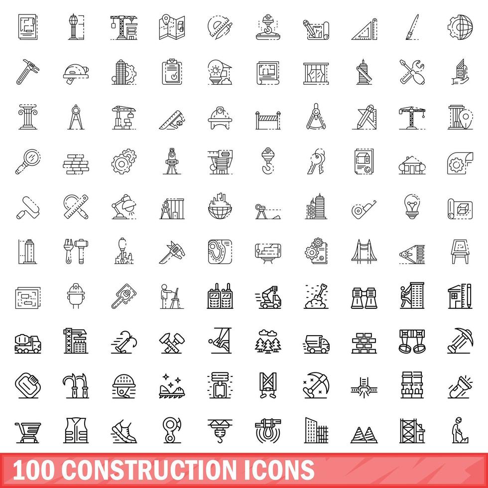 100 construction icons set, outline style vector