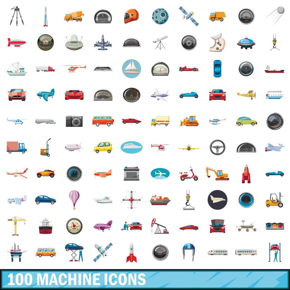 100 iconos de máquina, estilo de dibujos animados vector
