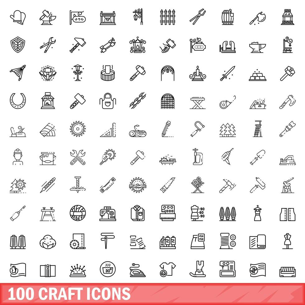 100 craft icons set, outline style vector