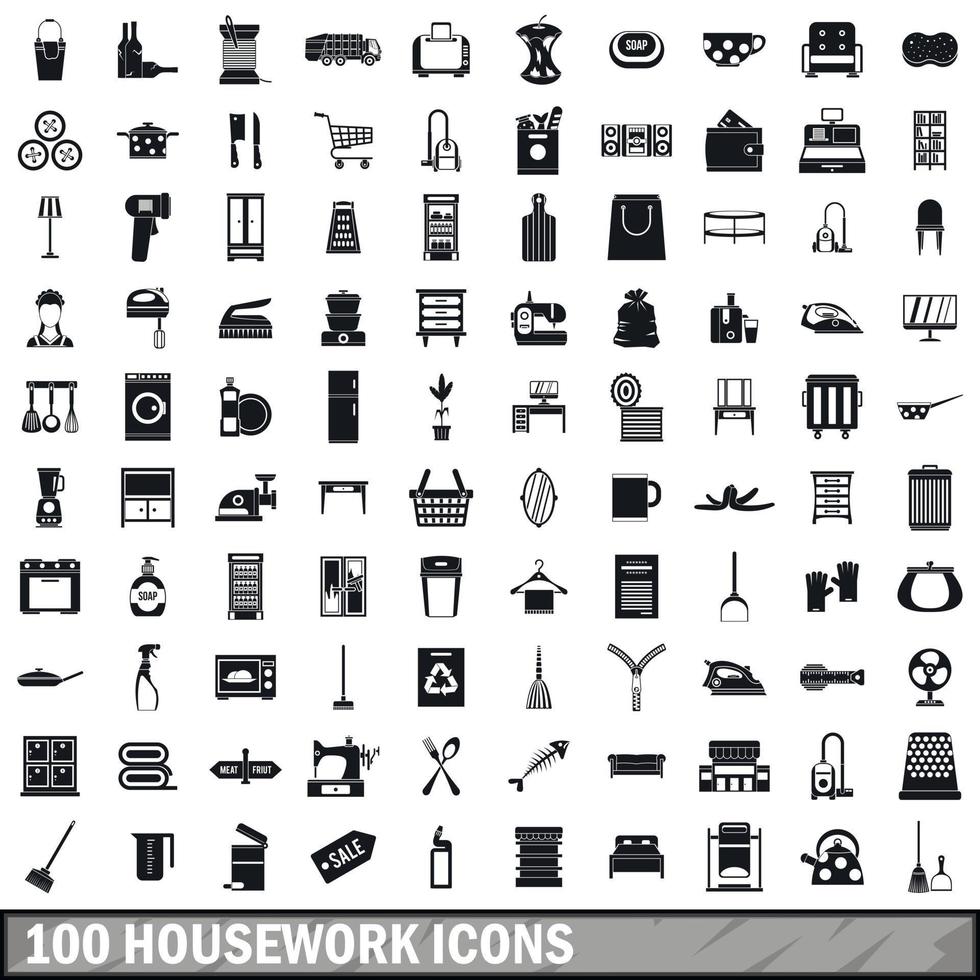 100 housework icons set, simple style vector
