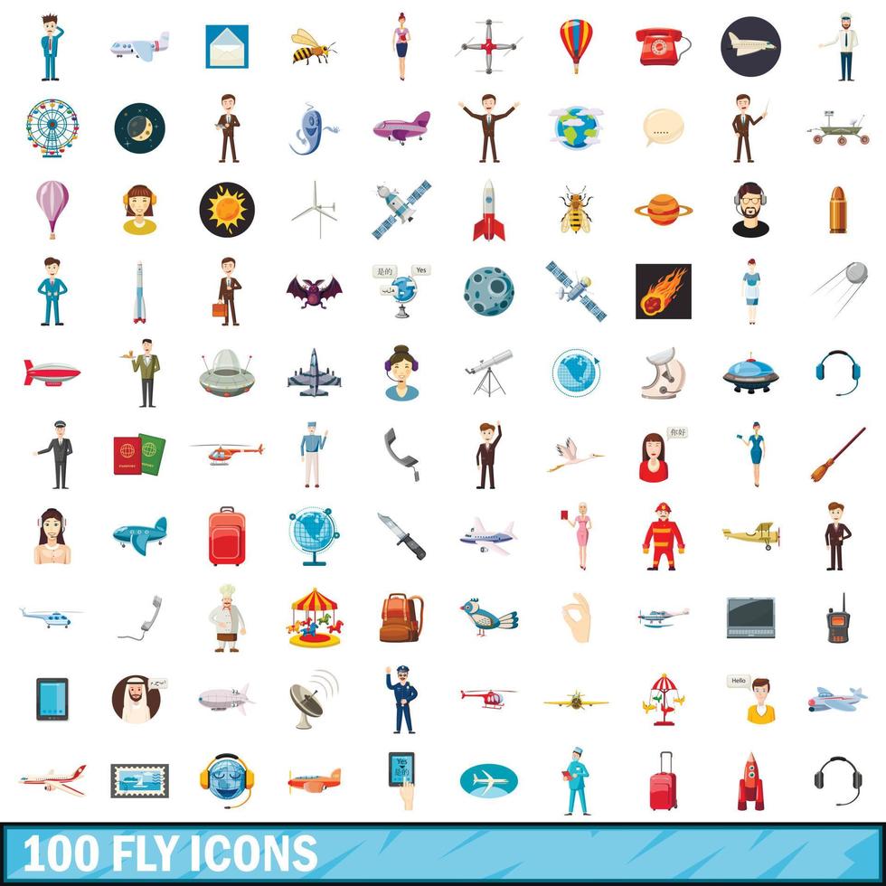 100 fly icons set, cartoon style vector