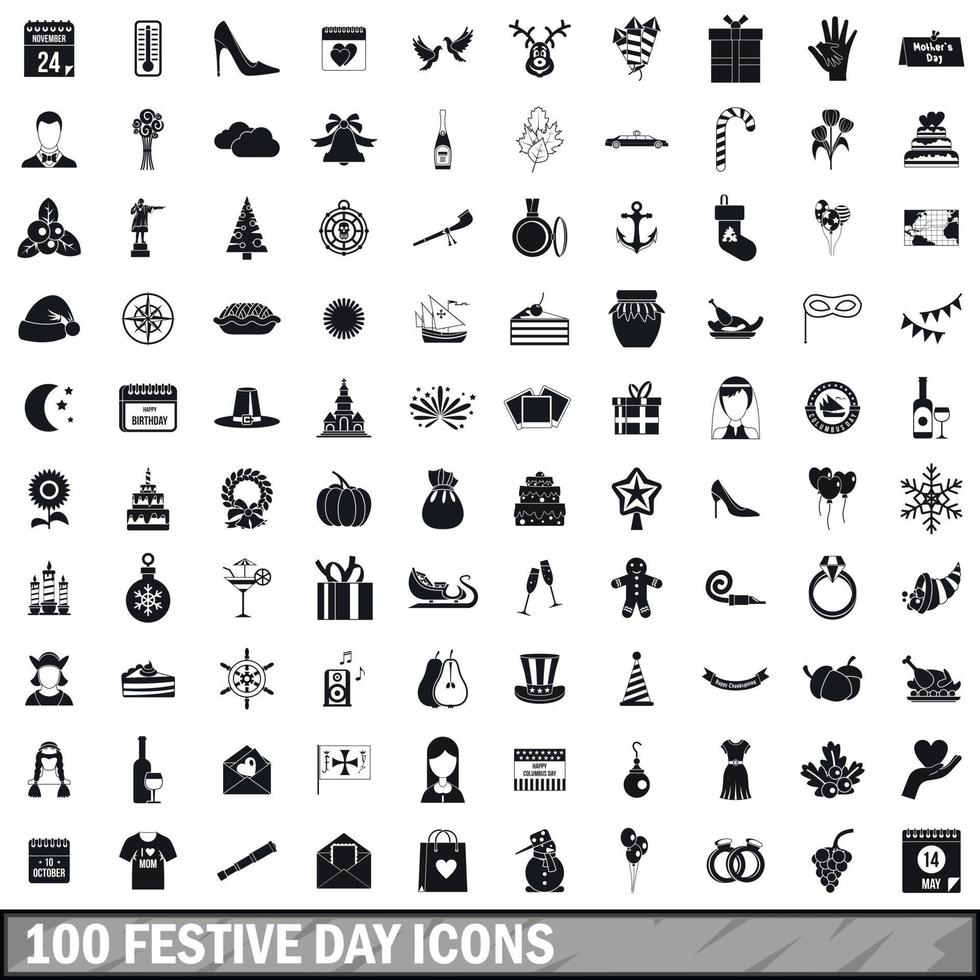 100 festive day icons set, simple style vector