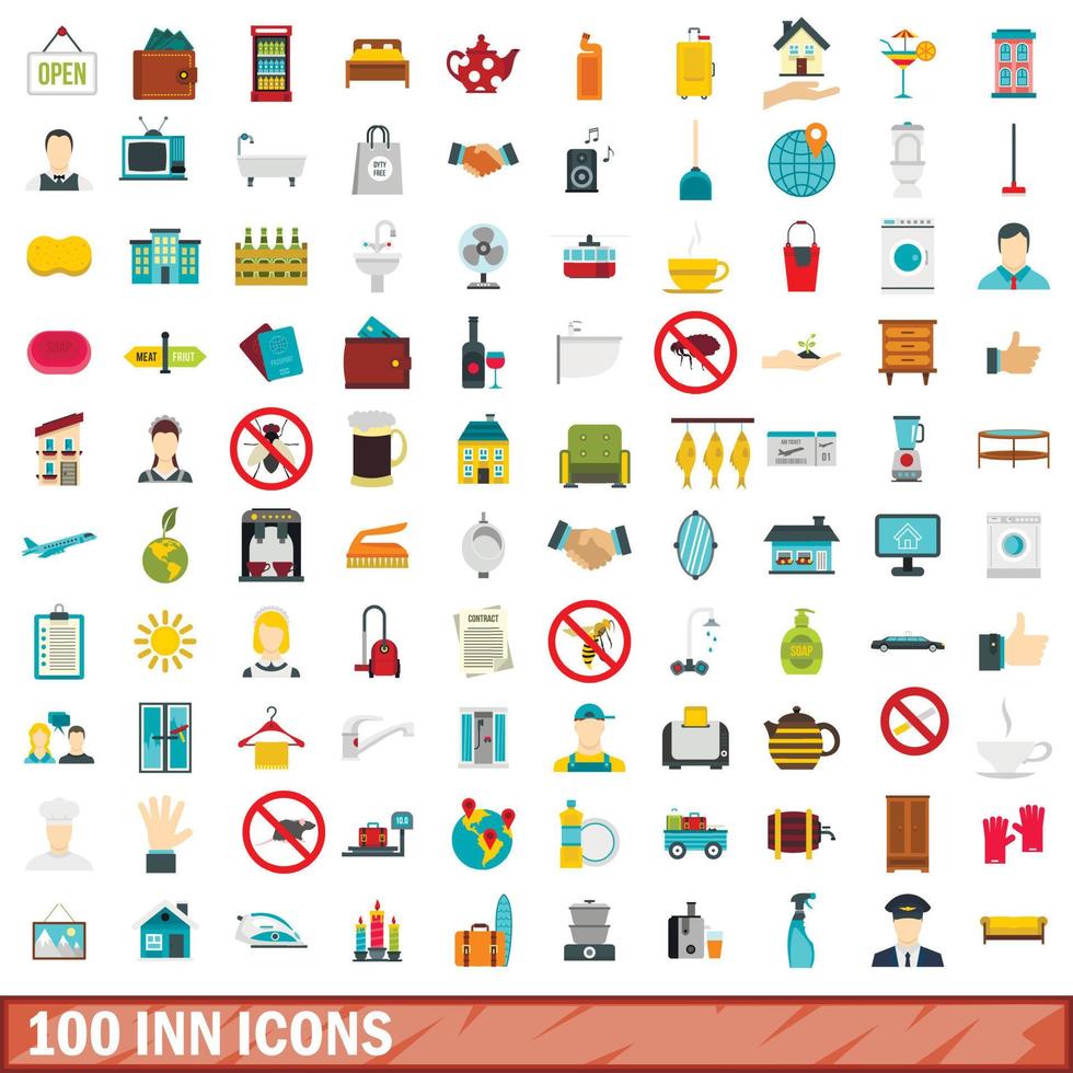 100 inn icons set, flat style vector