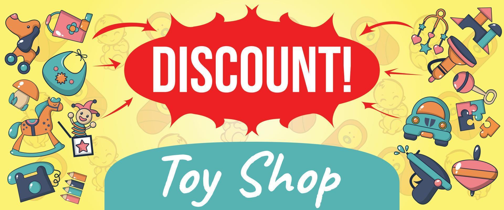 Toy shop discount concept banner, cartoon style vector