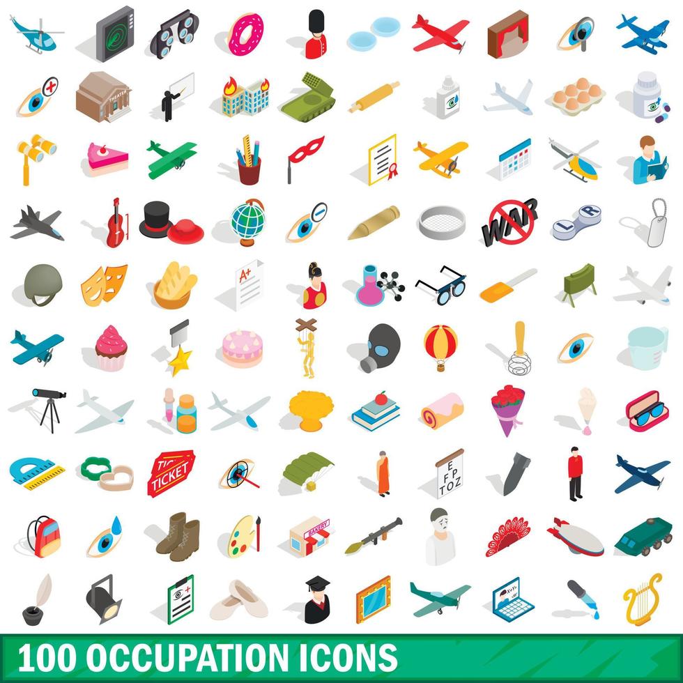 100 occupation icons set, isometric 3d style vector