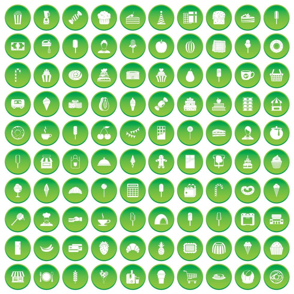 100 iconos de postre establecer círculo verde vector