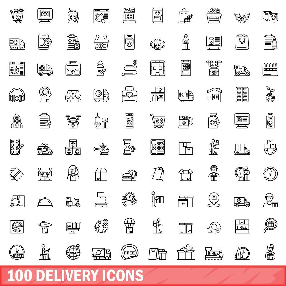 100 delivery icons set, outline style vector