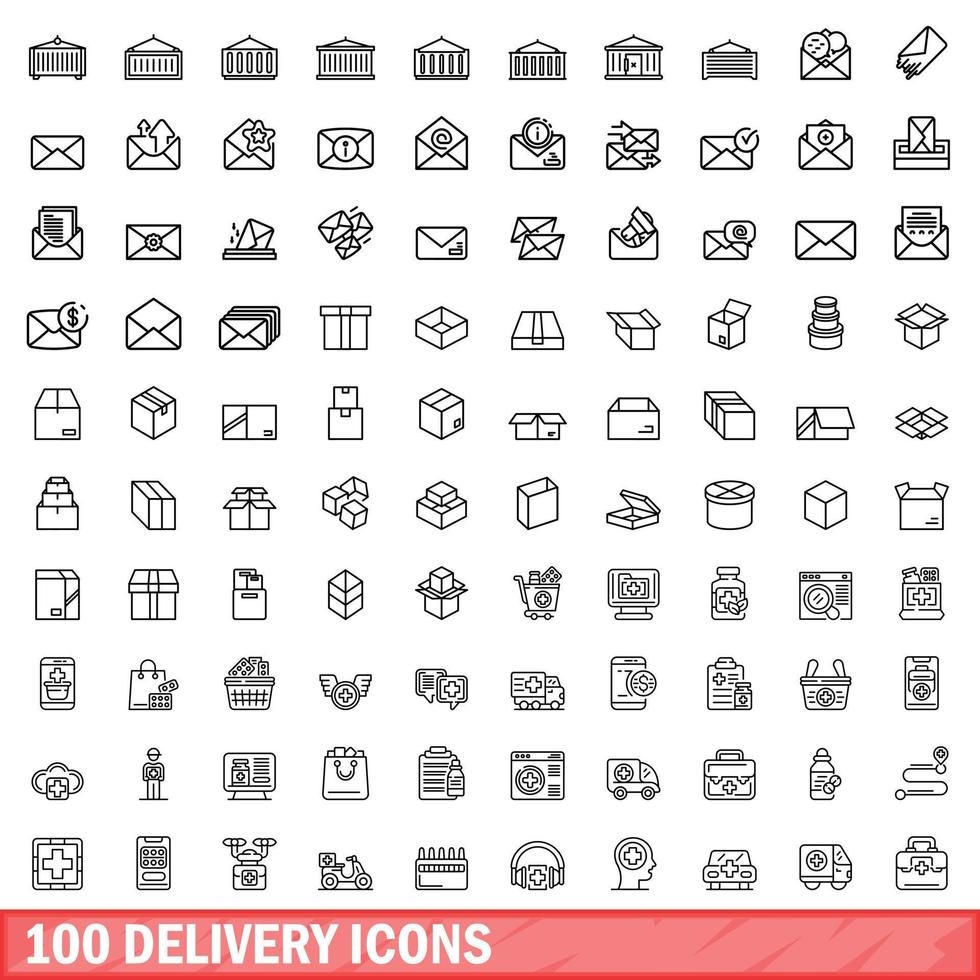 100 delivery icons set, outline style vector