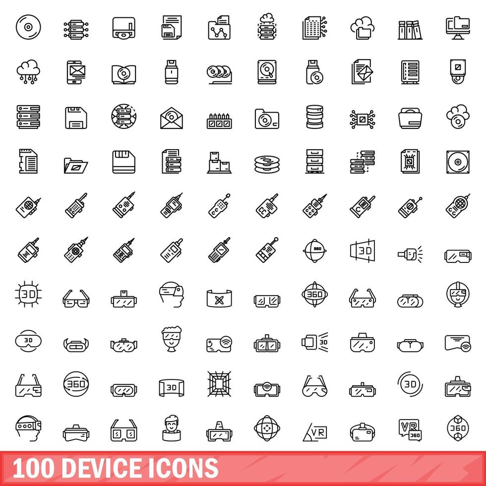 100 device icons set, outline style vector