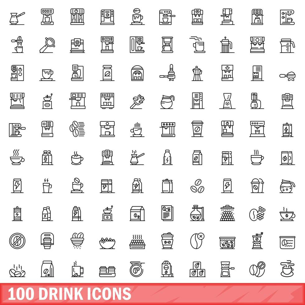 100 iconos de bebida, estilo de esquema vector