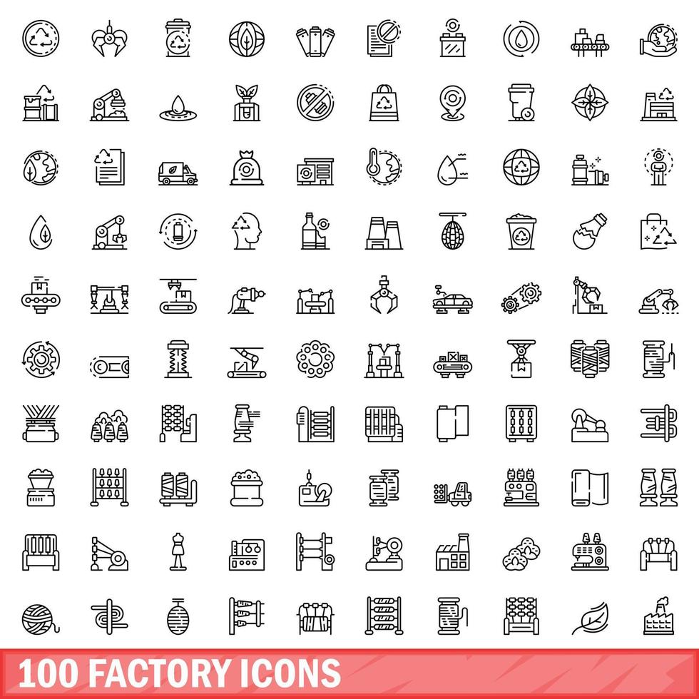 100 iconos de fábrica establecidos, estilo de contorno vector