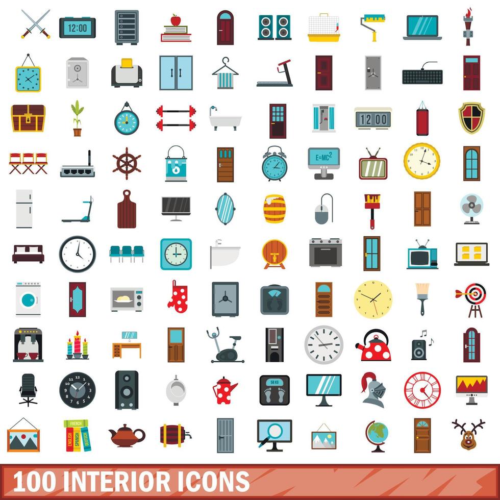 100 iconos interiores, estilo plano vector