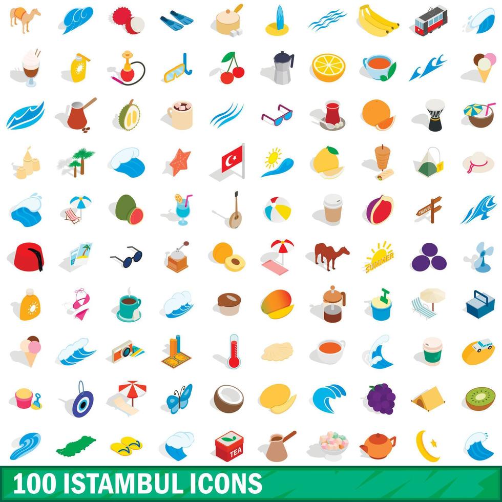 100 istambul icons set, isometric 3d style vector