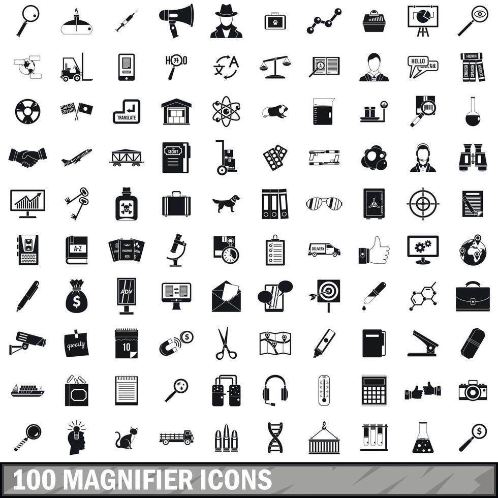 100 magnifier icons set, simple style vector