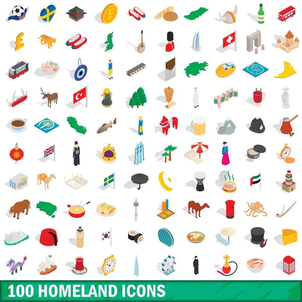 100 homeland icons set, isometric 3d style vector