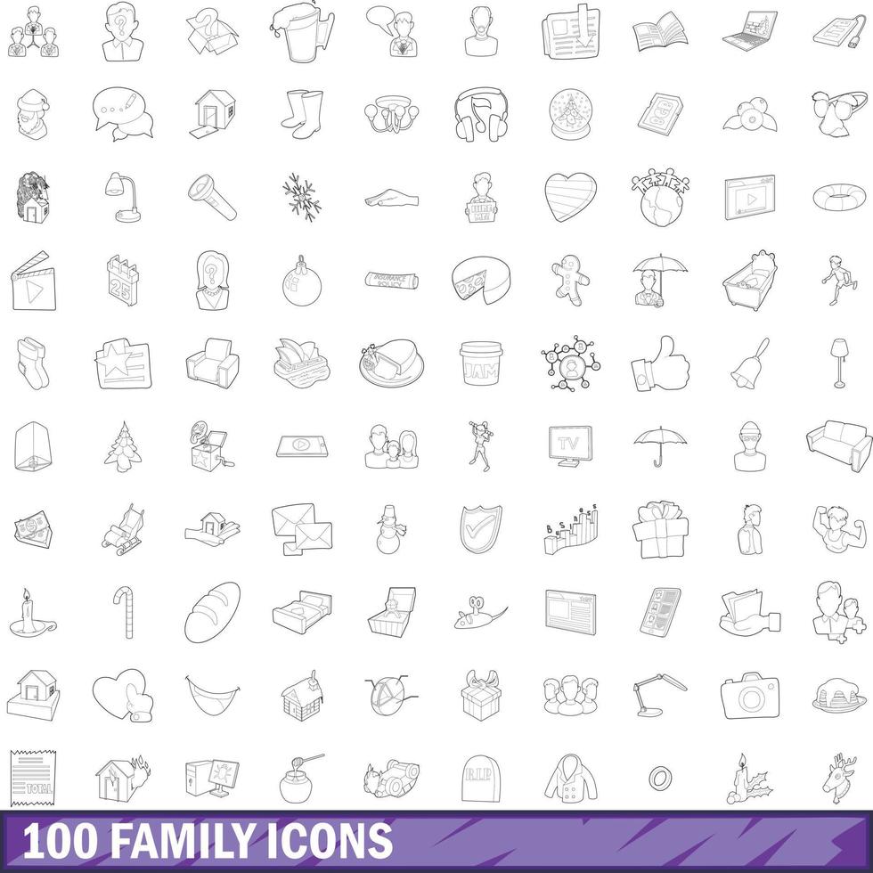 100 iconos familiares establecidos, estilo de contorno vector