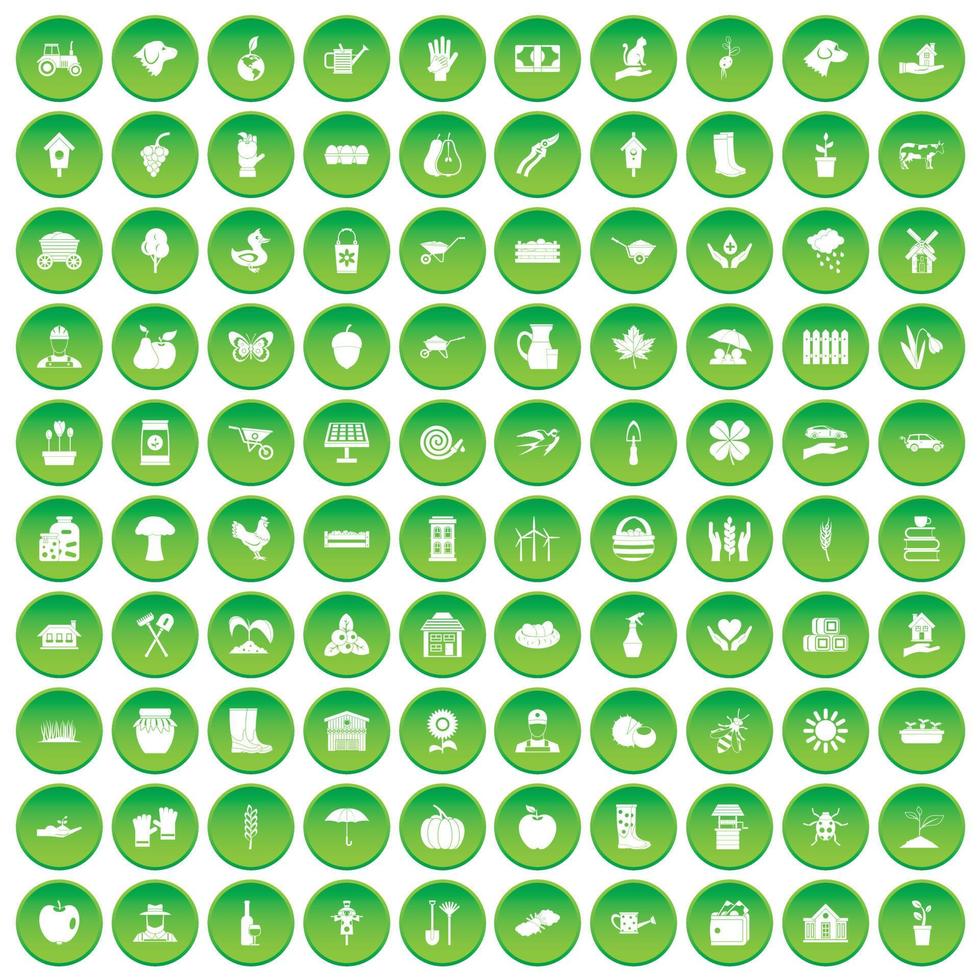 100 iconos de granja establecer círculo verde vector