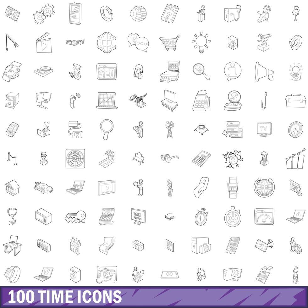 100 time icons set, outline style vector