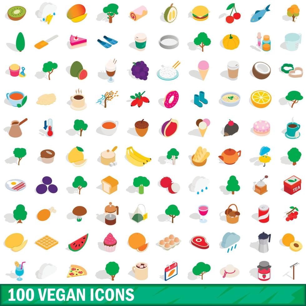 100 vegan icons set, isometric 3d style vector