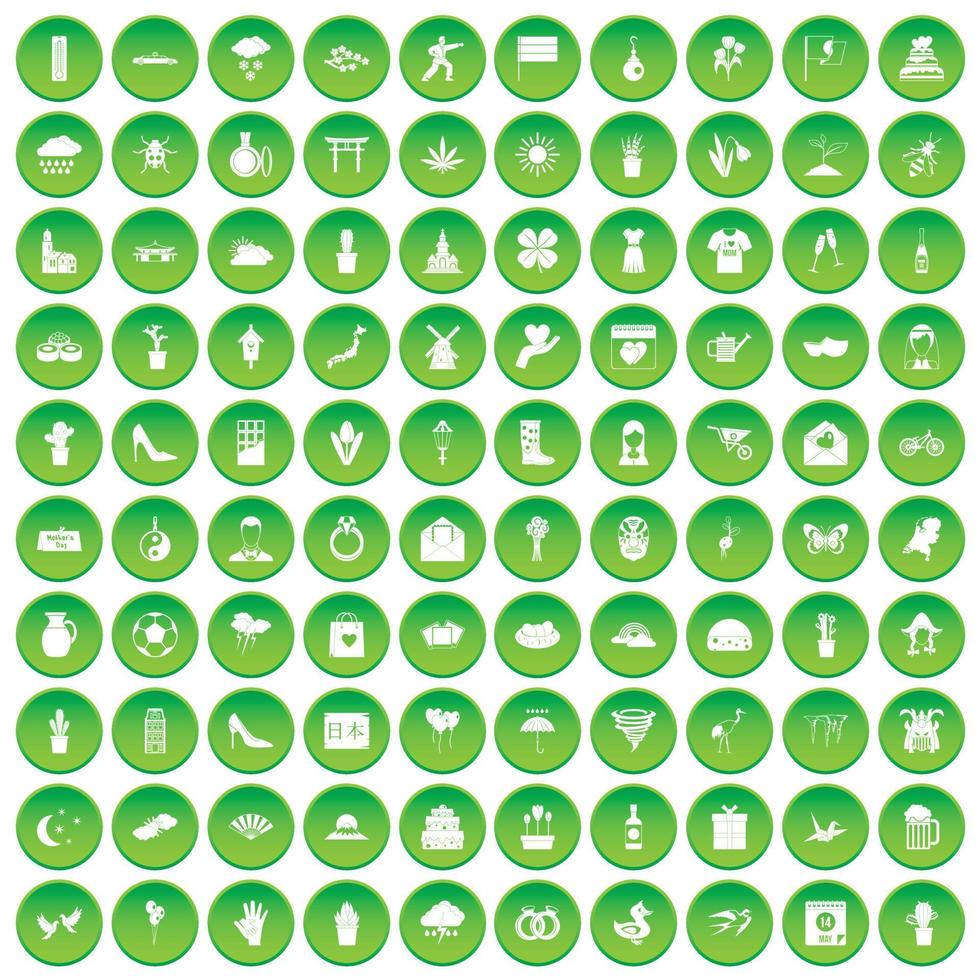 100 flowers icons set green circle vector