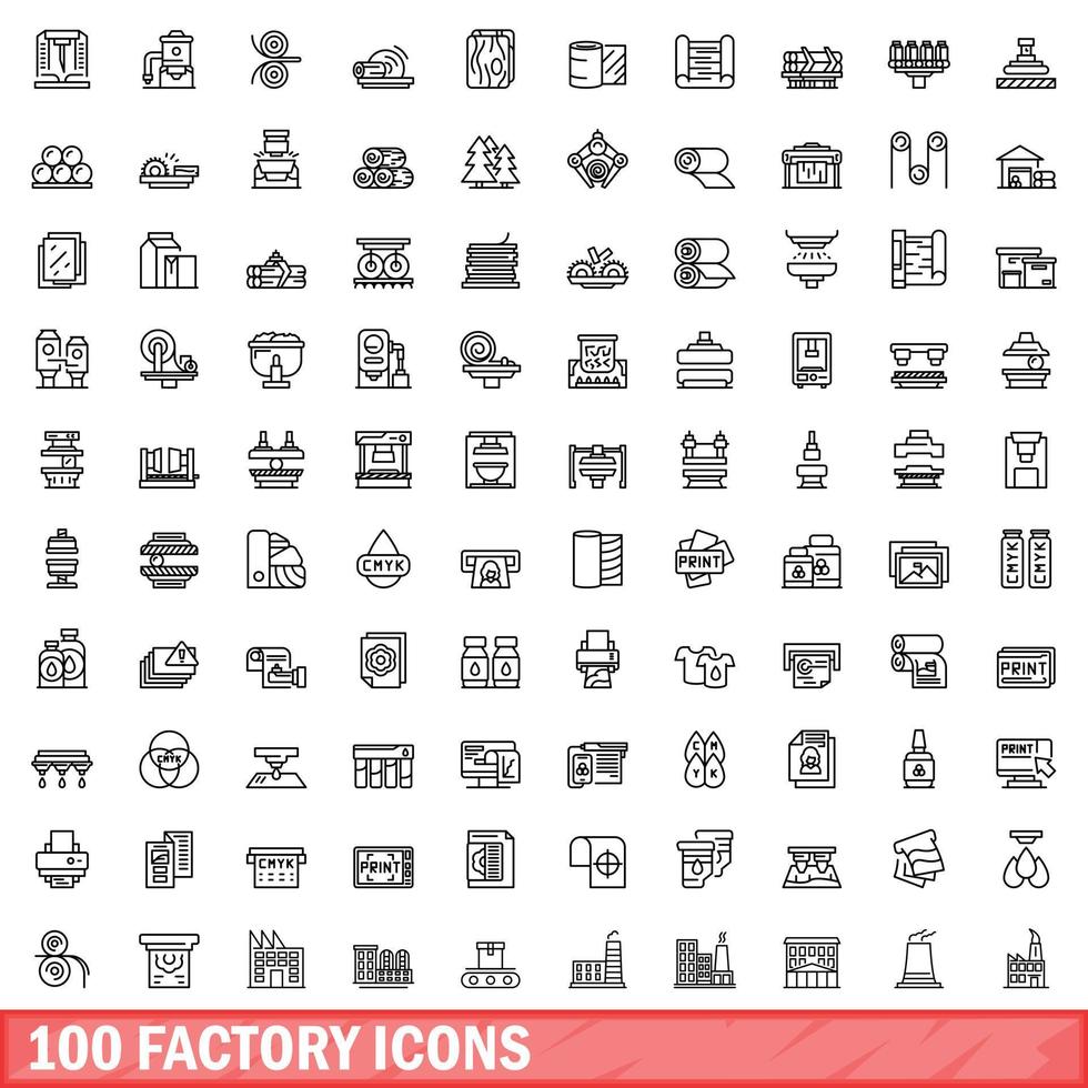 100 iconos de fábrica establecidos, estilo de contorno vector