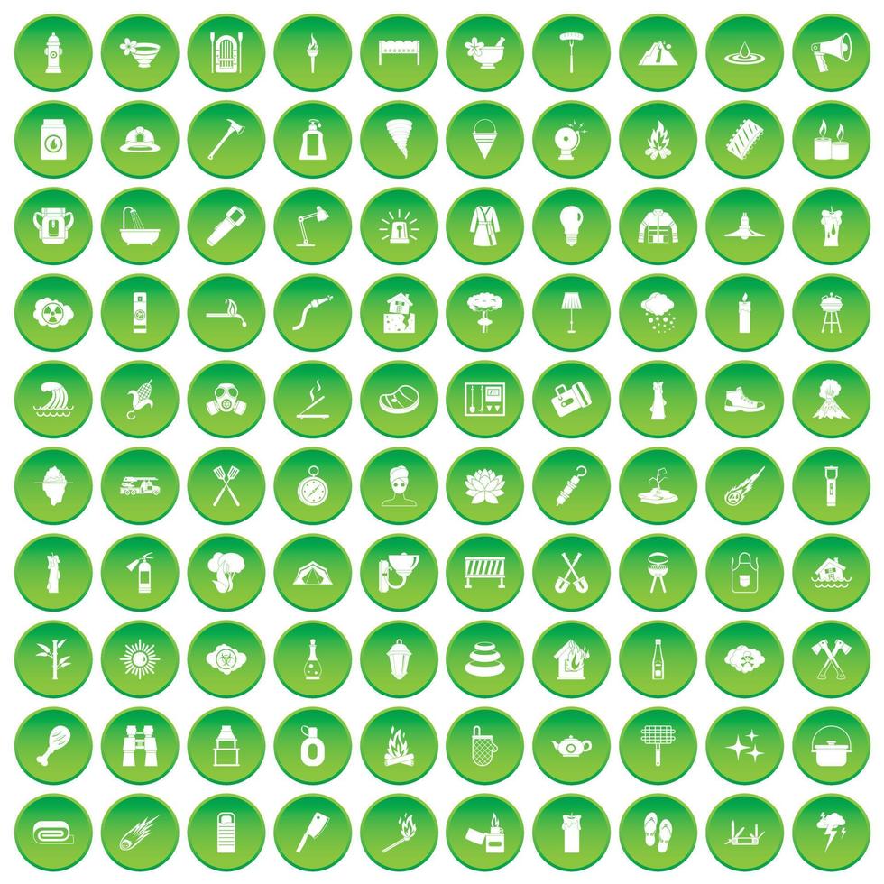 100 fire icons set green circle vector