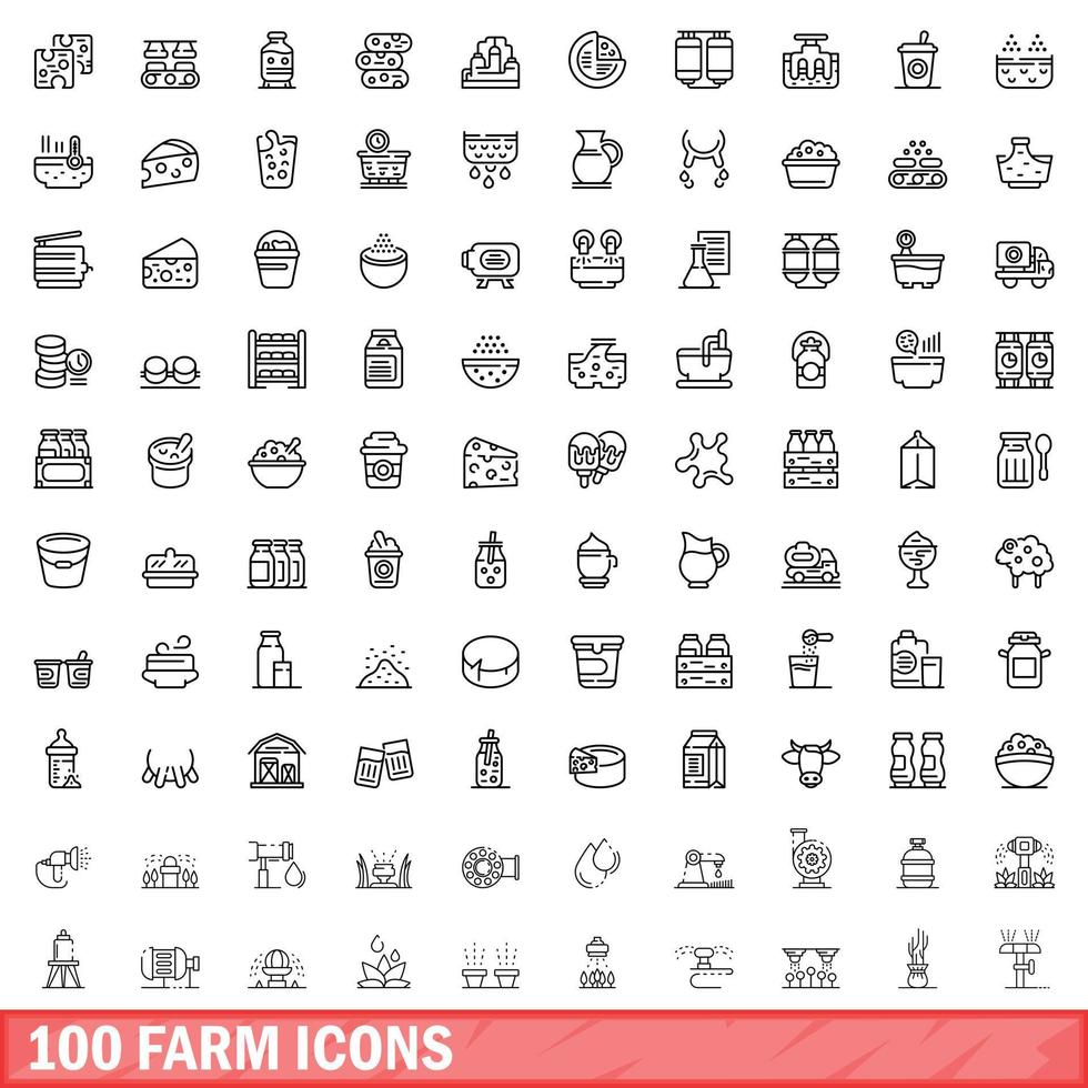 100 farm icons set, outline style vector