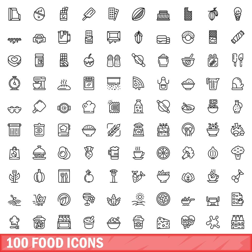 100 iconos de alimentos, estilo de esquema vector