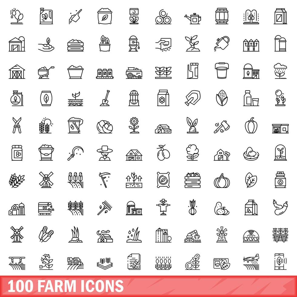 100 farm icons set, outline style vector