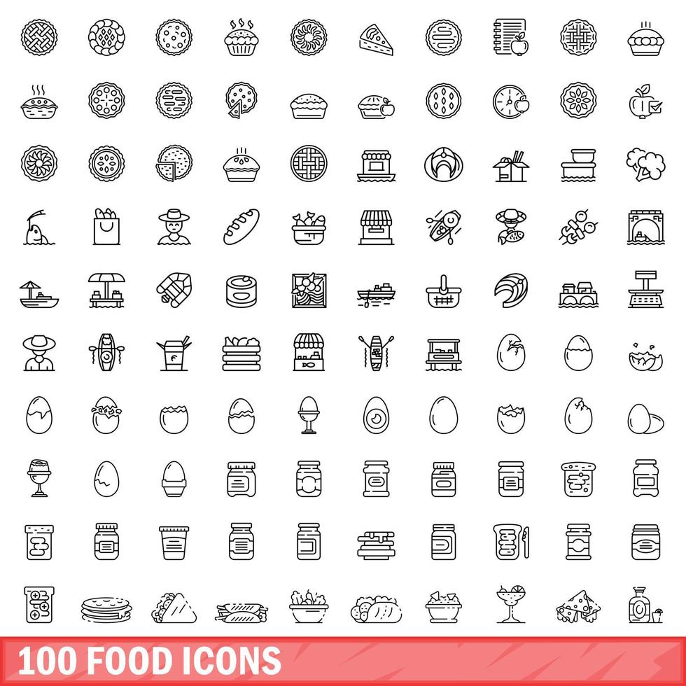 100 iconos de alimentos, estilo de esquema vector