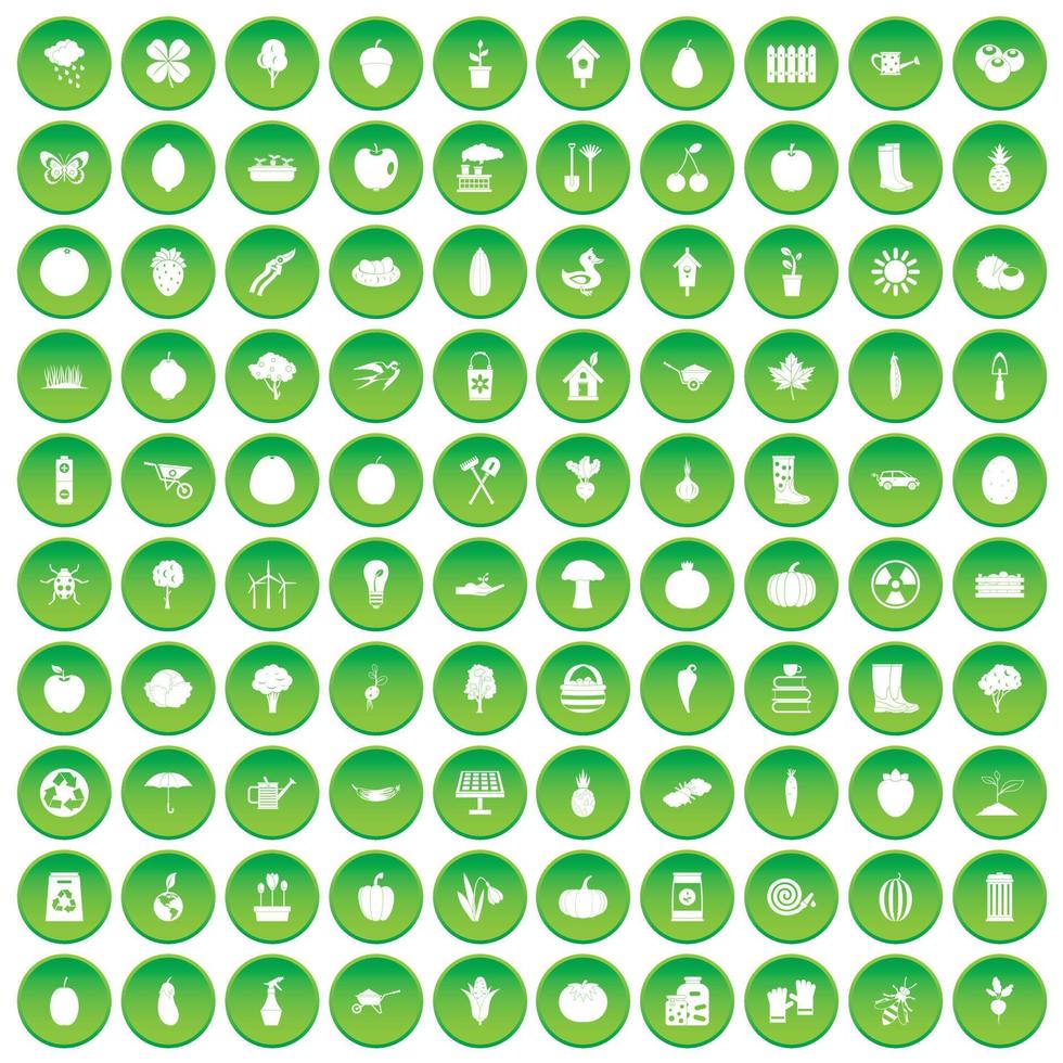 100 garden icons set green circle vector