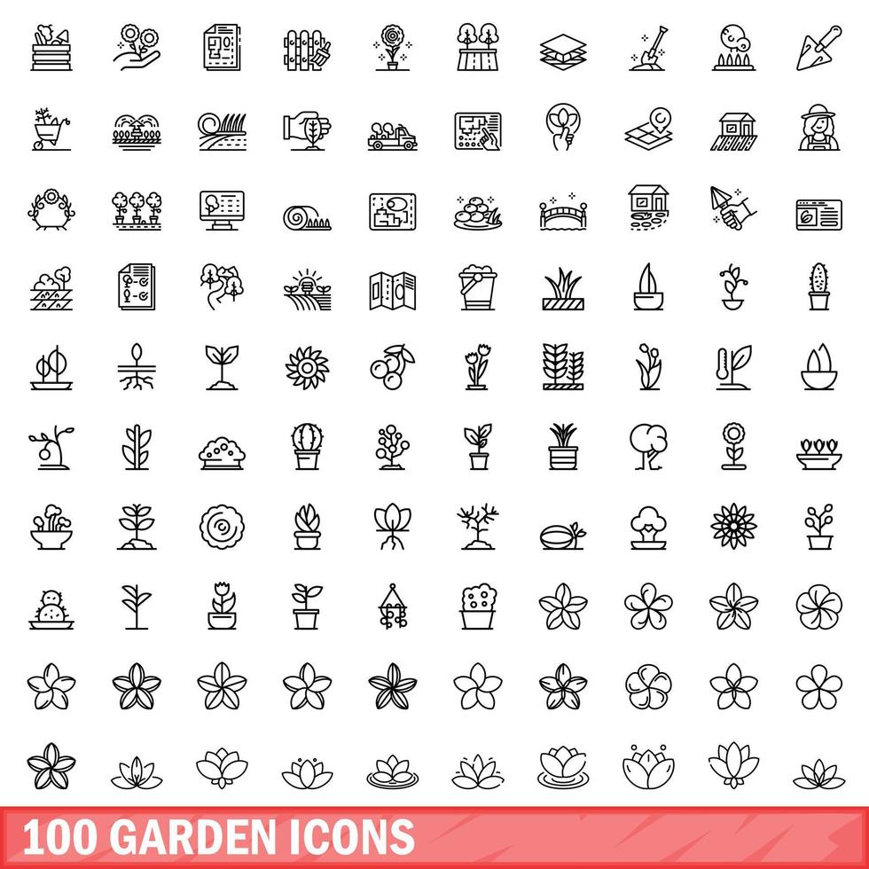 100 garden icons set, outline style vector