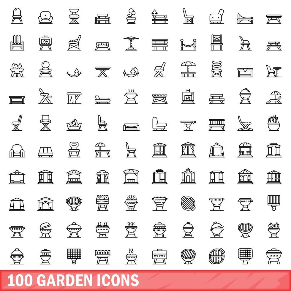 100 garden icons set, outline style vector