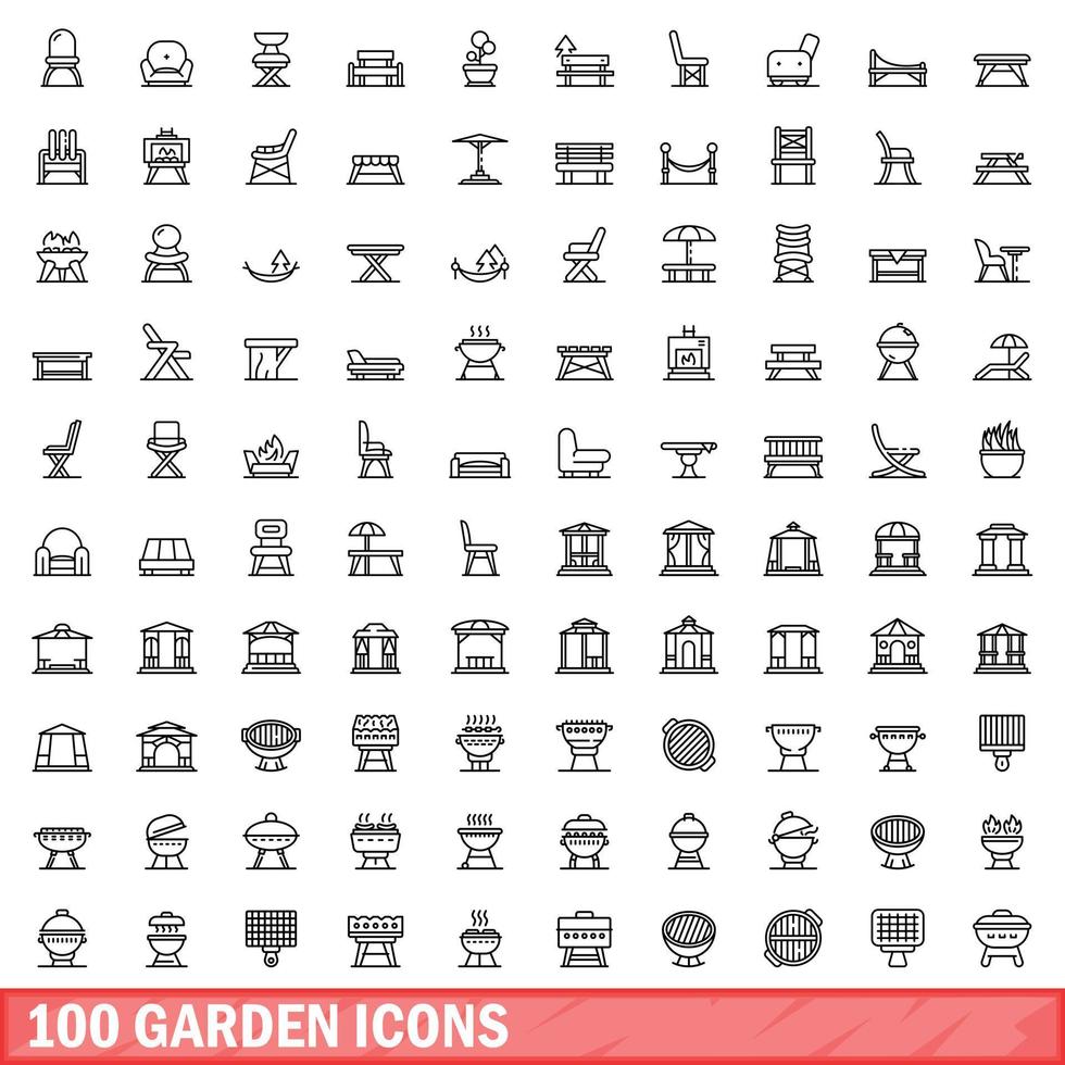 100 iconos de jardín, estilo de esquema vector