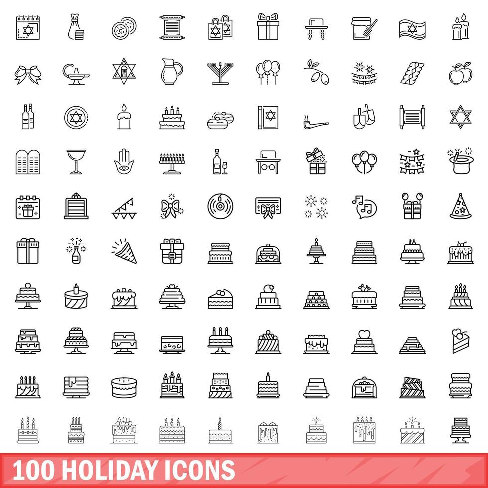 100 iconos de vacaciones, estilo de esquema vector