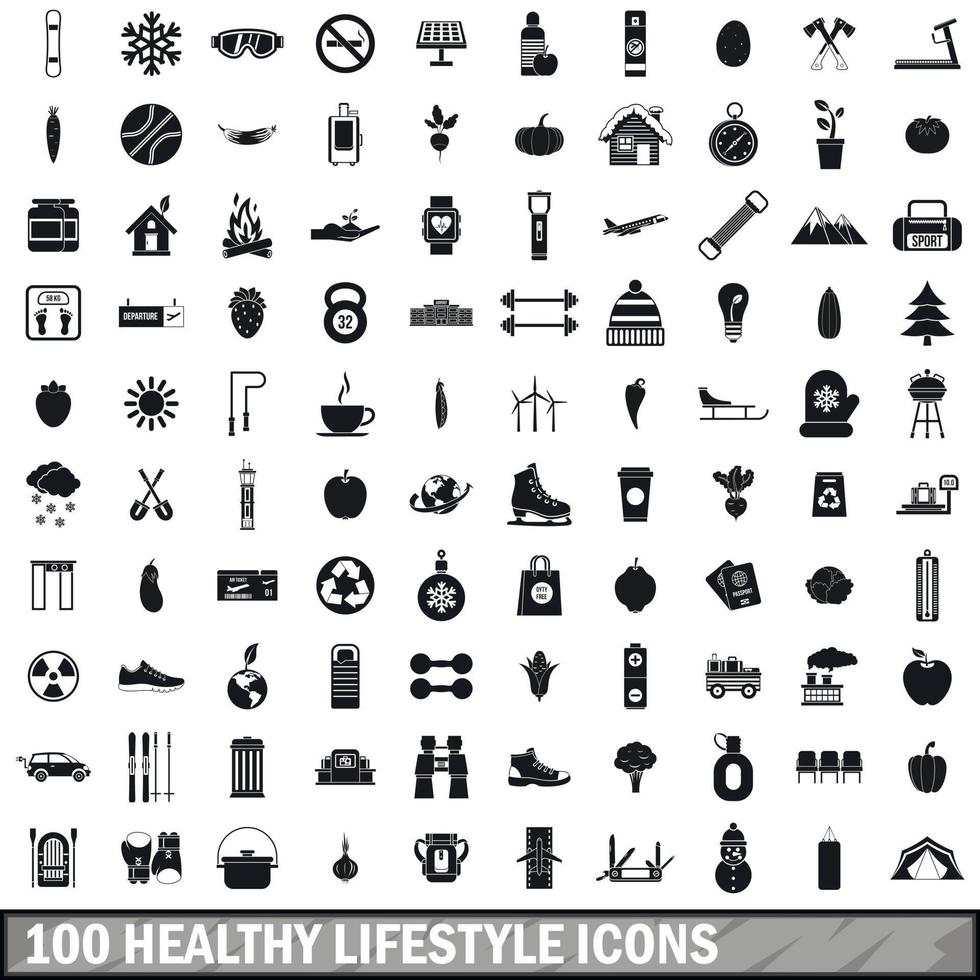 100 healthy lifestyle icons set, simple style vector